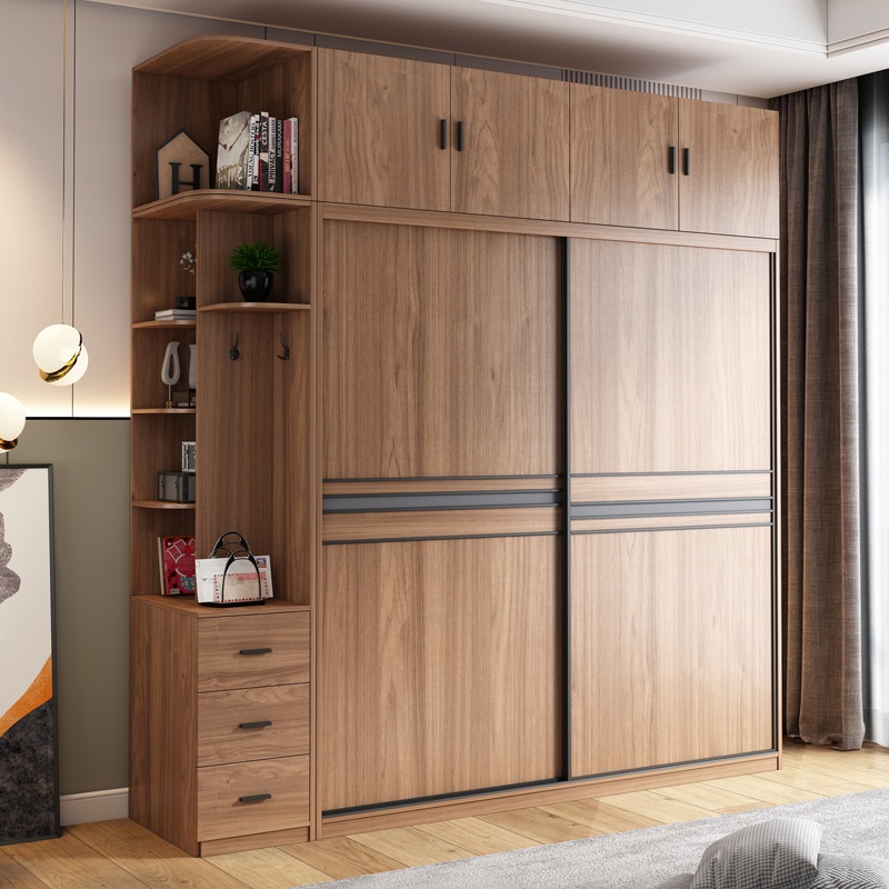 北歐全實木推拉門衣櫃現代簡約卧室家用組裝衣櫥生態板移滑門柜子