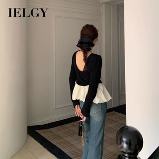 IELGY 韓國chic秋季復古小眾圓領露背拼接荷葉邊長袖上衣女