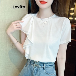 Lovito 女式優雅素色荷葉邊 T 恤 LNE24058 (白色)
