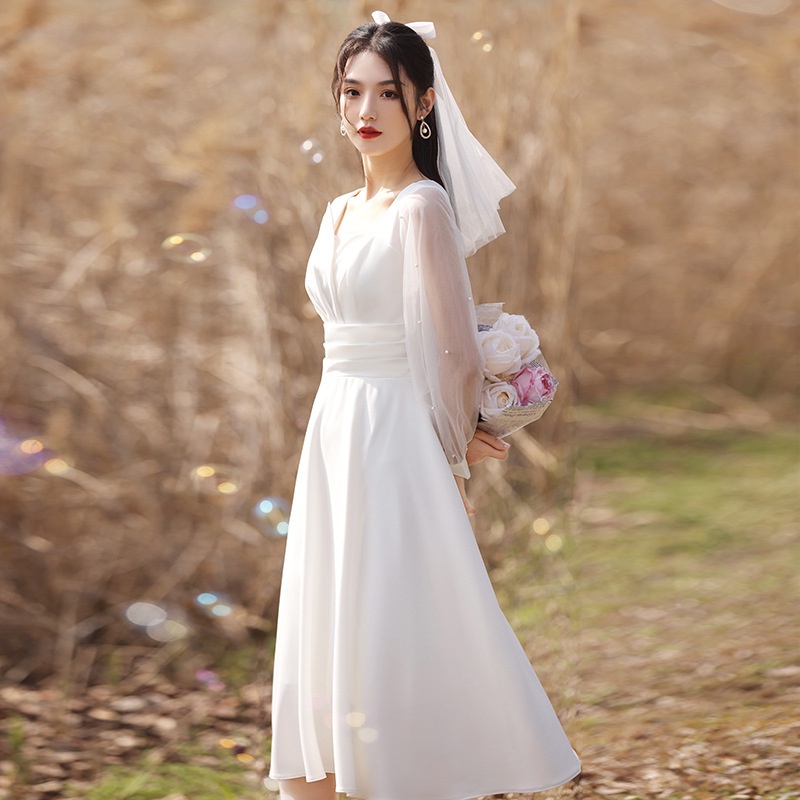 白色小禮服女新款平時可穿氣質小個子洋裝領證登記白裙禮服洋裝