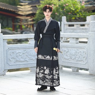 【桃喜Rich現貨】男織金馬面裙系列 中式漢服 改良漢服 黑色織金馬面裙 男女同款 情侶套裝 漢服保暖外套