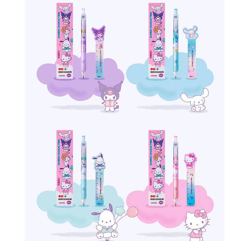 隨機 1 支三麗鷗 Mymelody Kuromi Cinnamoroll 卡通機械鉛筆帶 PVC 尺子可愛自動鉛筆套裝