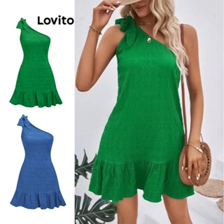 Lovito 女士休閒素色不對稱蝴蝶結荷葉邊下擺連身裙 LBE04043 (綠色)