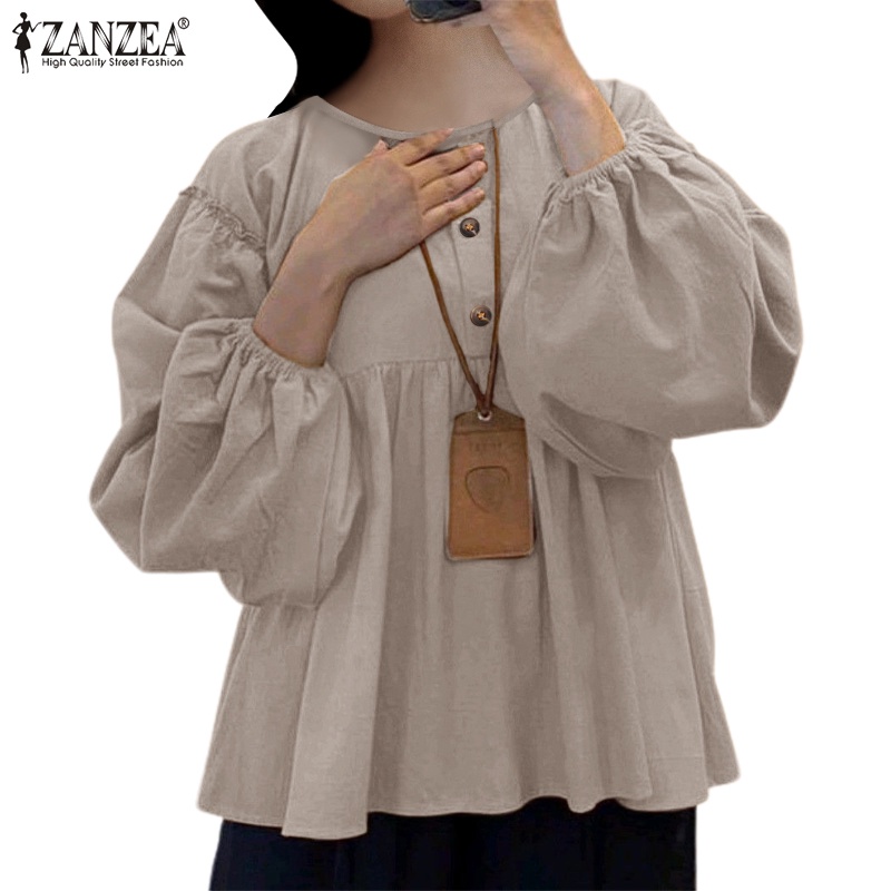 Zanzea 女士穆斯林休閒寬鬆純色長袖 O 領襯衫