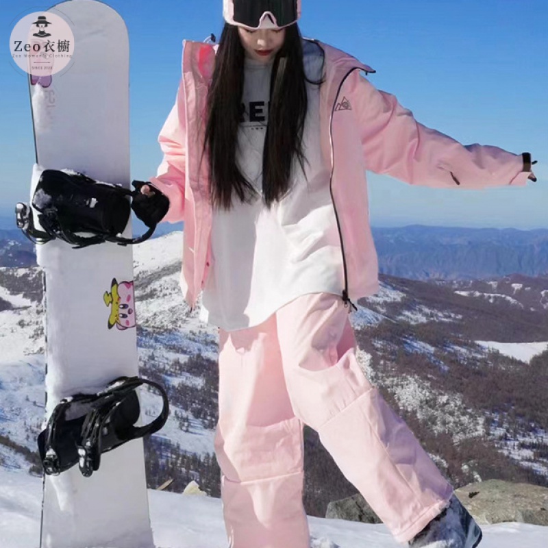 Zeo'大尺碼 粉色防風防水滑雪服 拉鍊魔術貼滑雪套裝 雪地外套滑雪褲兩件套 冬季保暖雪國外套 拍照上鏡下雪外套女