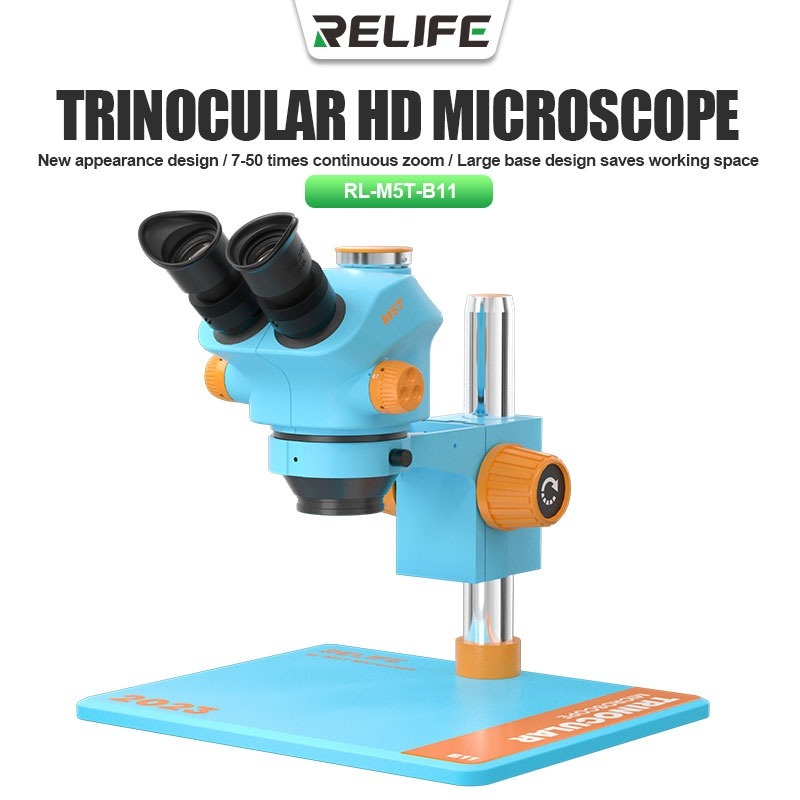 Relife RL-M5T-B11高清三目高清(大尺寸鋁合金底座)顯微鏡7-50倍連續變焦手機主板PCB維修顯微鏡