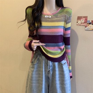 【含羊毛】彩色條紋針織衫女秋季設計感抽繩撞色不規則長袖上衣女