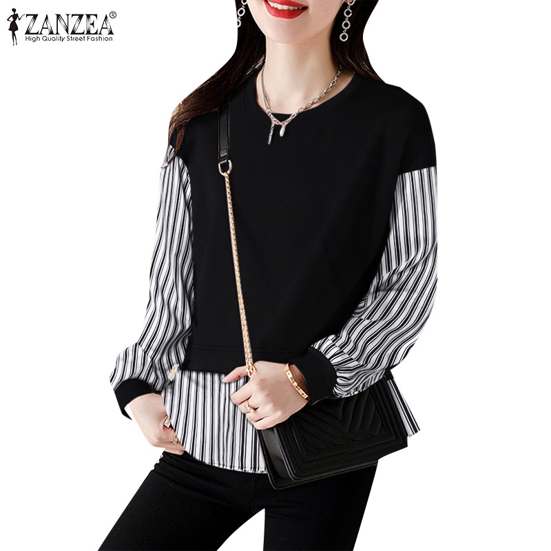 Zanzea 女式韓版針織拼接彩色條紋露肩長袖連帽衫
