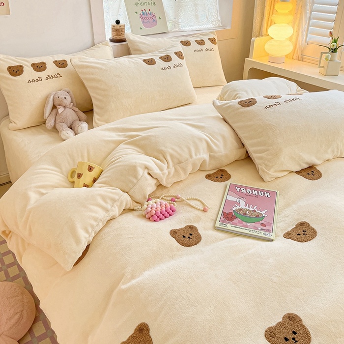 可愛小熊毛巾繡牛奶絨床包組 單人床組 法蘭絨床單 冬季兒童床包四件組 萌趣卡通床組 雙人 加大床包四件組