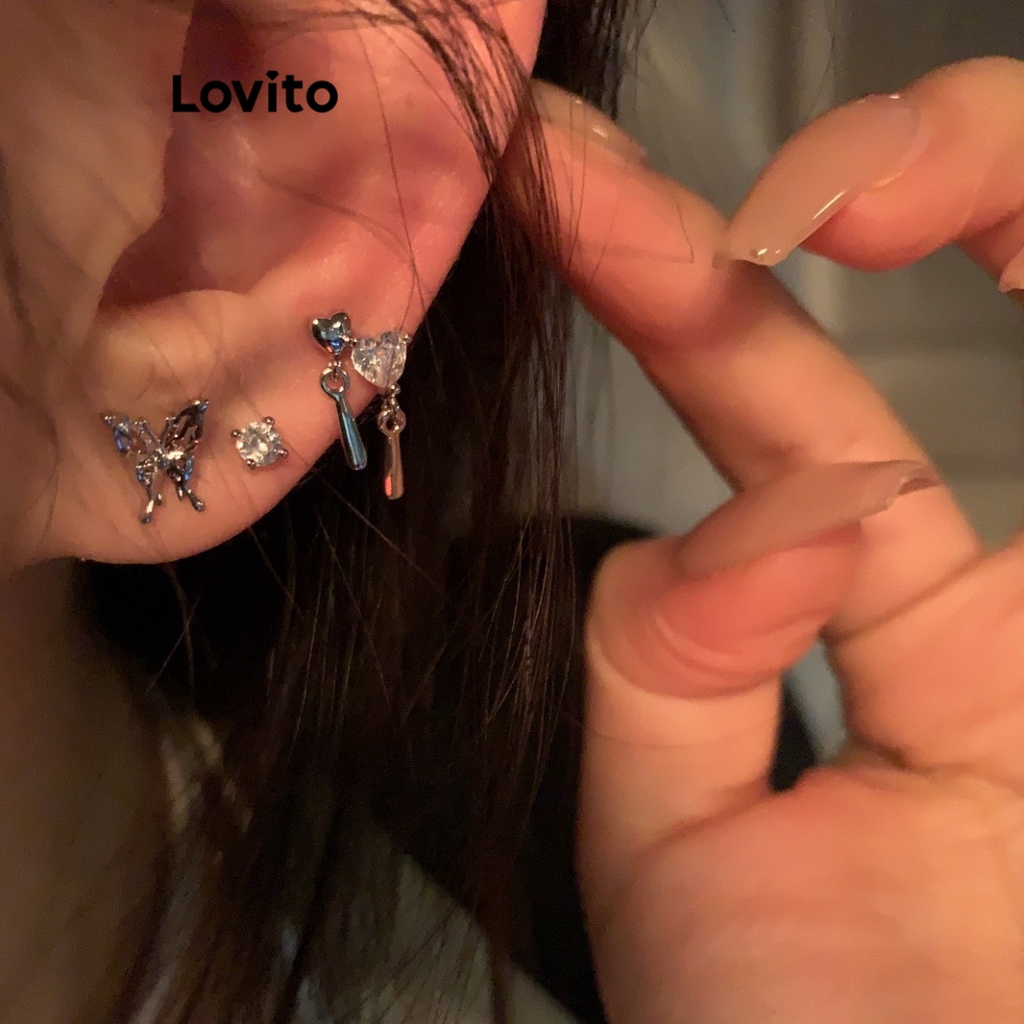 Lovito 女士休閒素色水鑽耳環 LFA01137 (銀色)
