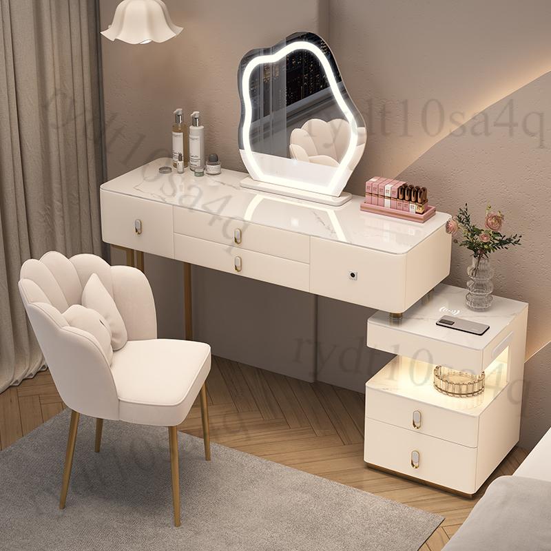 免運 指紋鎖實木梳妝台卧室簡約現代智能床頭櫃斗櫃一體高檔岩板化妝桌