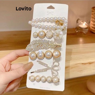 Lovito 優雅羽毛珍珠水鑽寶石六件鑽石輕奢女式髮夾 LFA09564