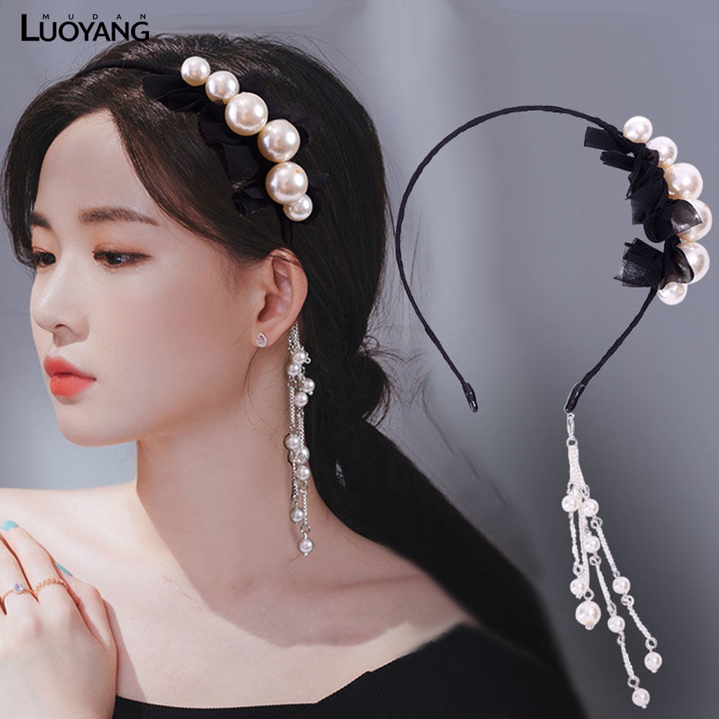 洛陽牡丹 仙美珍珠流蘇髮箍韓國假耳環頭箍髮帶超仙髮飾髮卡頭飾