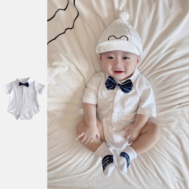 新生嬰兒短袖連身衣蝴蝶結紳士男孩緊身衣褲嬰兒衣服 0-2 歲