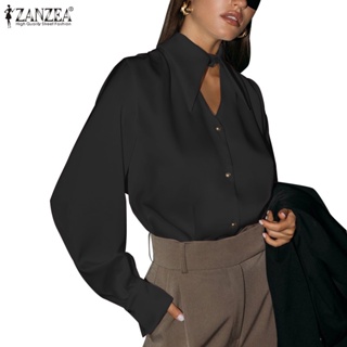 Zanzea Celmia 女式時尚翻領長袖褶襉扣鈕扣緞面寬鬆上衣