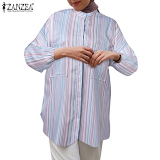 Zanzea 女式穆斯林九分袖前袋彩色條紋弧形下擺襯衫