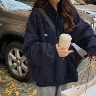 加絨加厚炸街鹽系衛衣女oversize連帽長袖上衣女韓版寬鬆慵懶風潮