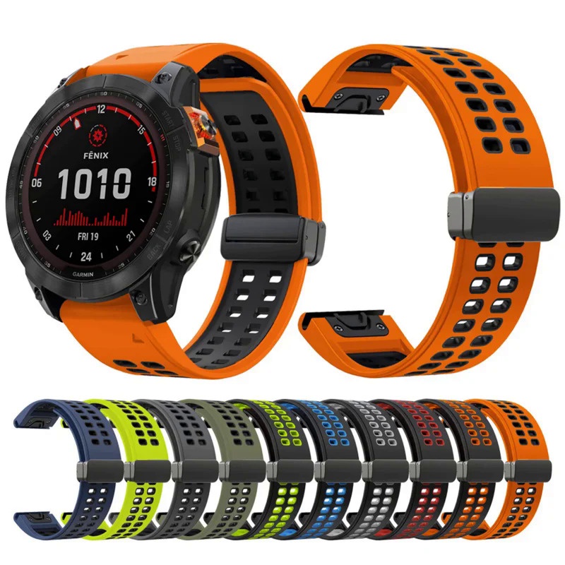 適用於佳明Garmin Fenix 7 7pro 7X 6XPro 5XPlus 3 3HR Epix矽膠磁吸折疊扣錶帶