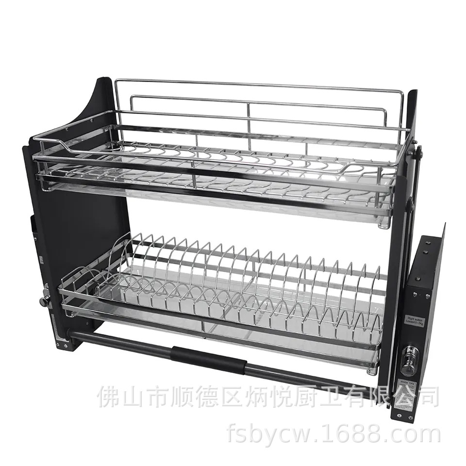 304不鏽鋼廚房吊櫃升降拉籃櫥櫃收納雙層碗碟籃阻尼緩衝拉籃