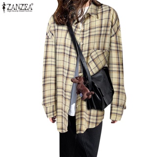 Zanzea 女式韓版時尚格子 Polo 領 H 形口袋落肩寬鬆襯衫