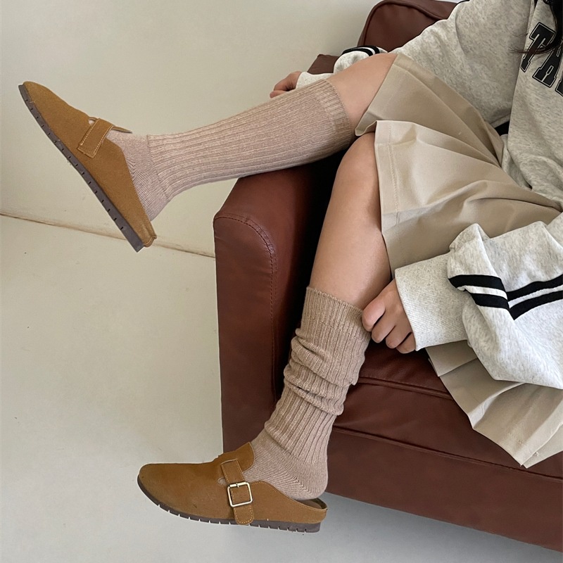 秋冬羊毛襪 中筒 長筒 素色襪子 女士 日式 簡約 miu 系直條紋堆堆襪小腿襪