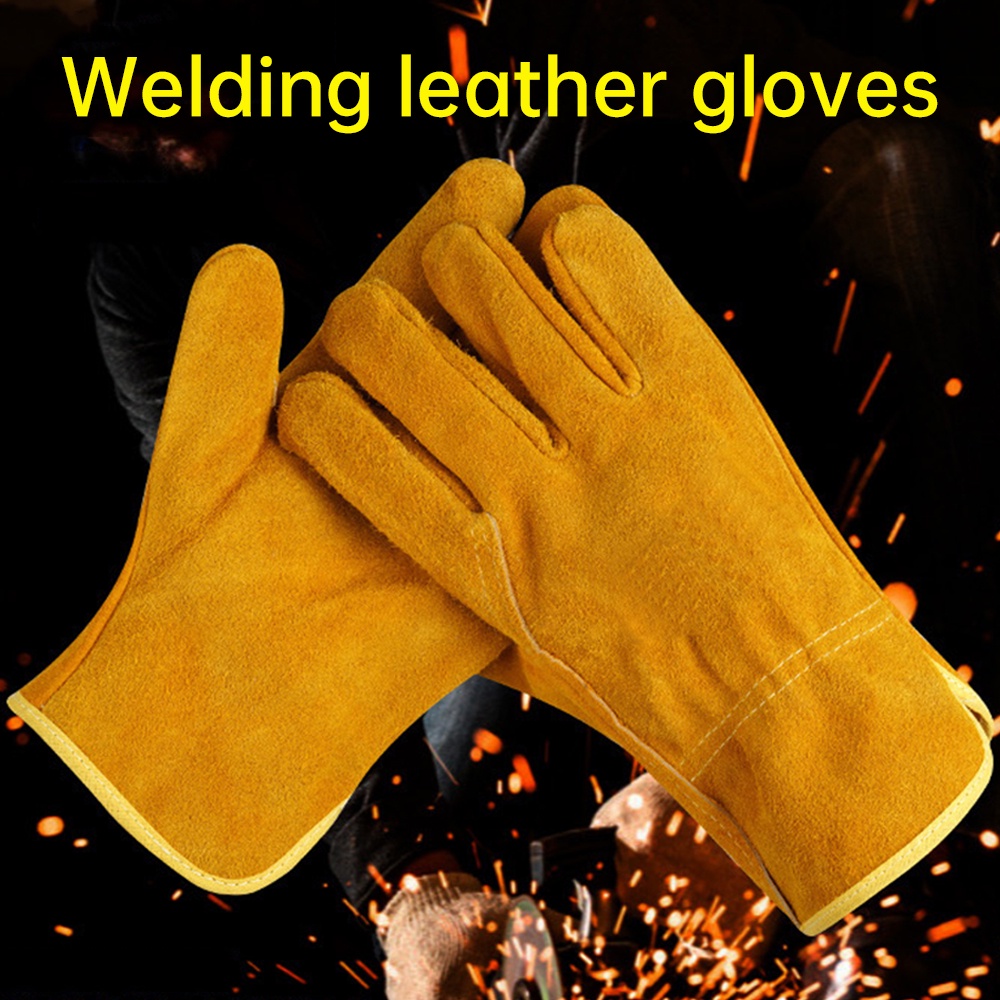 Diystudio 焊接手套耐熱阻燃皮革工作手套灰色黃色防割烤箱壁爐焊機用品