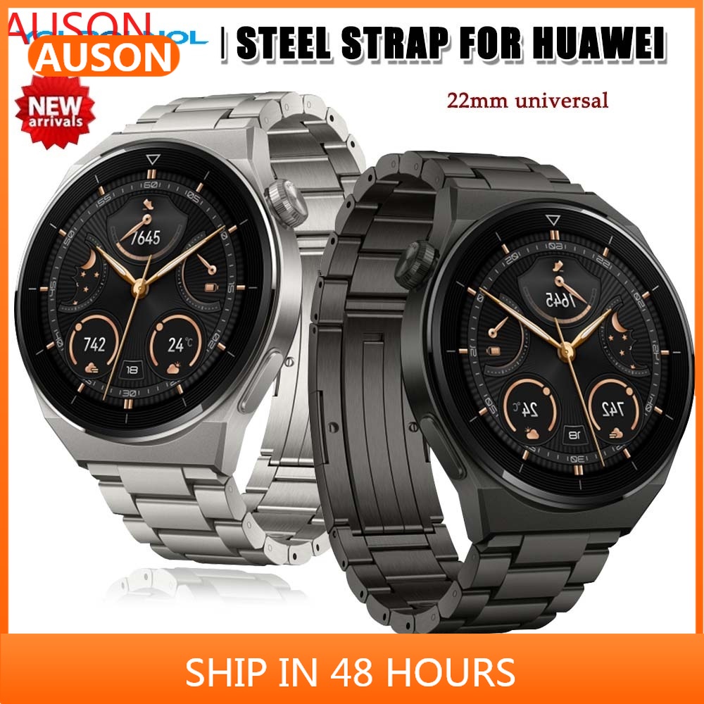 AUSON 22MM鈦鋼錶帶適用於華為 GT2 GT3 SEPro豪華金屬錶帶 Watch Buds原裝扣三株鈦合金錶帶