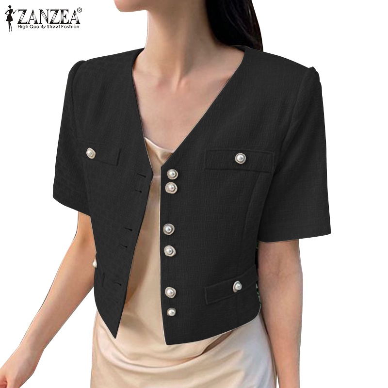 Zanzea 女式韓版裝飾口袋短袖 V 領西裝外套
