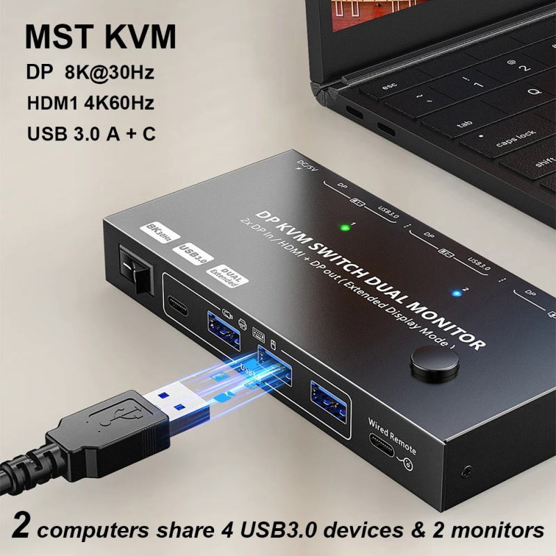 KVM切換器USB 3.0 DP 8K 30Hz HDMI相容4K 60Hz電腦共亯2顯示器顯示埠Type-C集線器