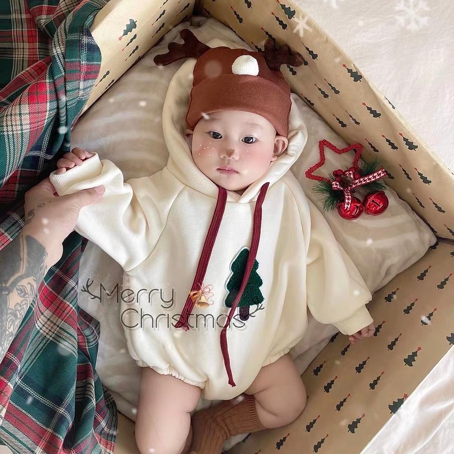 2023嬰兒耶誕套裝新生兒加厚連身衣冬季寶寶長袖耶誕可愛連身衣嬰兒洋裝