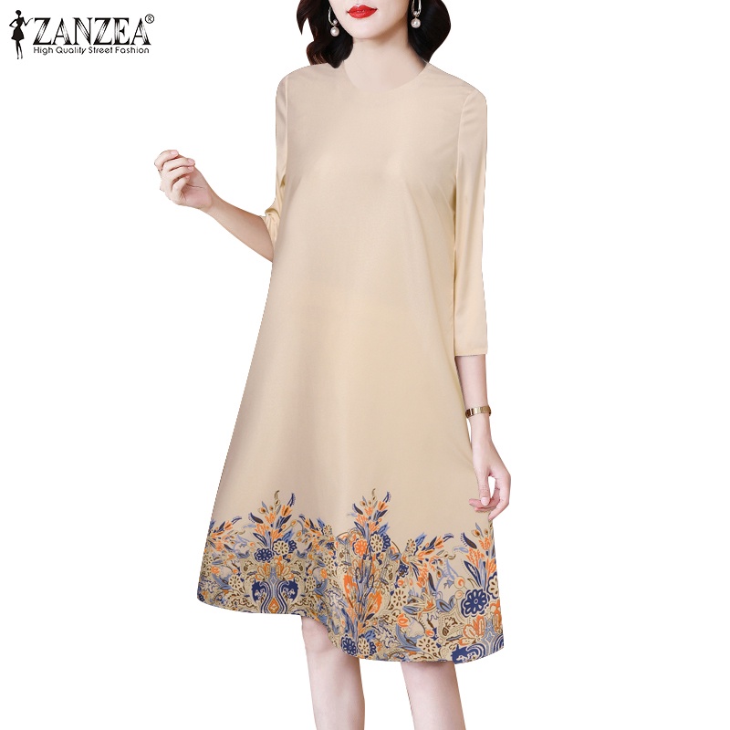 Zanzea 女式韓版時尚圓領 3/4 袖鈕扣印花寬鬆連衣裙