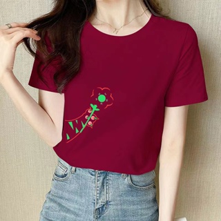 短袖酒紅色上衣女韓式女上衣短袖酒紅色t恤女裝圓領寬鬆時尚印花t恤女