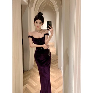 韓版新款時尚紫色一字肩氣質絲絨花朵長款婚紗