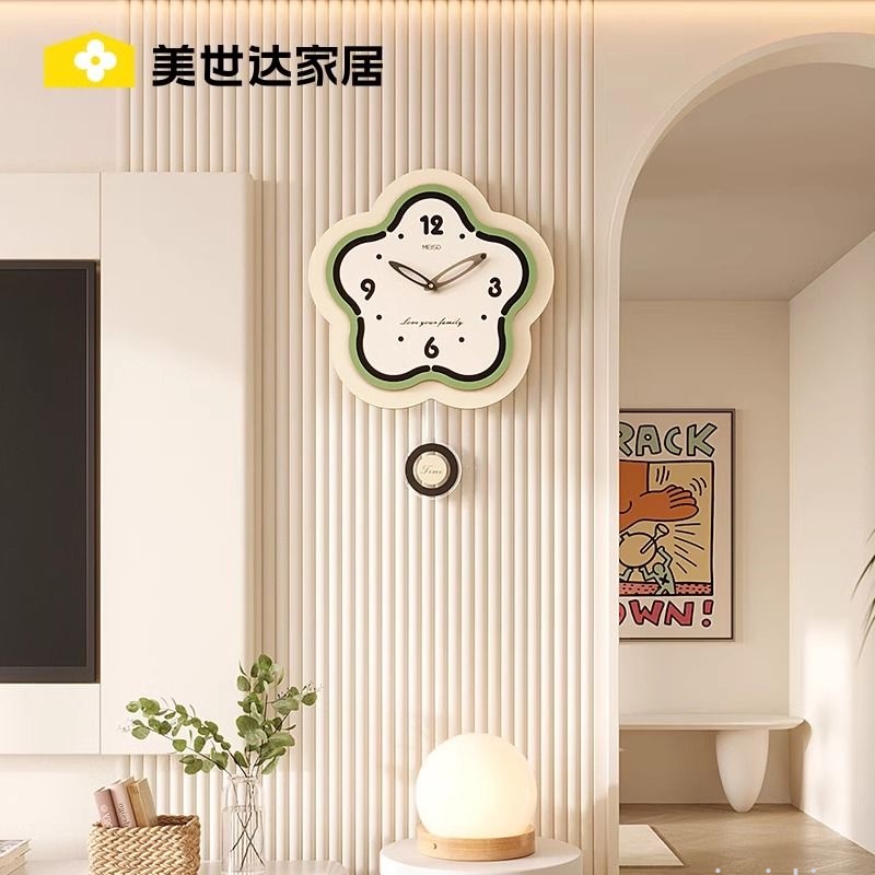 美世達2023奶油風新款家用裝飾鐘錶簡約掛鐘客廳掛牆創意靜音時鐘