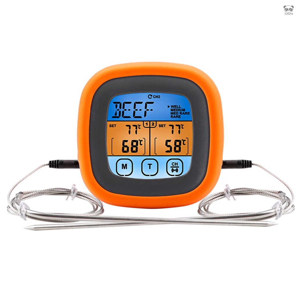 TS-6601-2 雙針燒烤溫度計 觸屏食品溫度計 探針式肉類燒烤測溫計 攝氏度/華氏度 溫度越限報警 IP67防水 橙