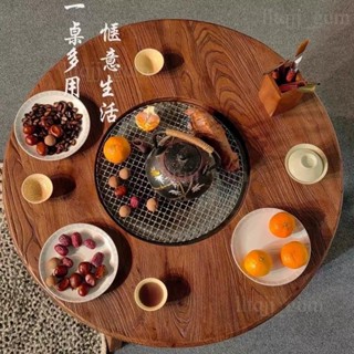 限時優惠✨老榆木圍爐茶桌 實木小圓桌 復古原木茶几桌 陽臺煮茶桌 戶外圍爐桌 燒烤火鍋桌 落地溫馨圍爐桌 復古原木茶几