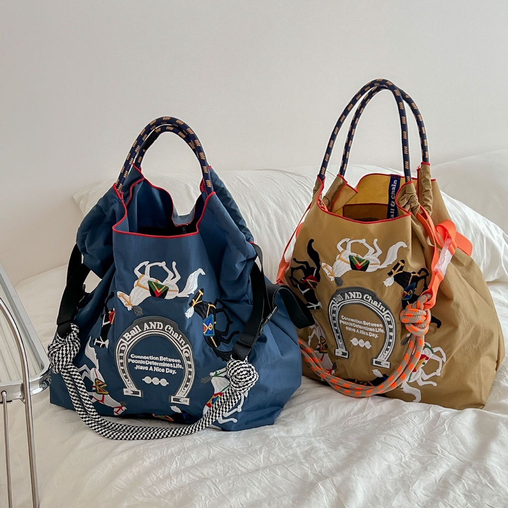【新款現貨】日系自製ball chain萬里馬刺繡環保購物袋 刺繡單肩斜跨袋 大容量手提袋