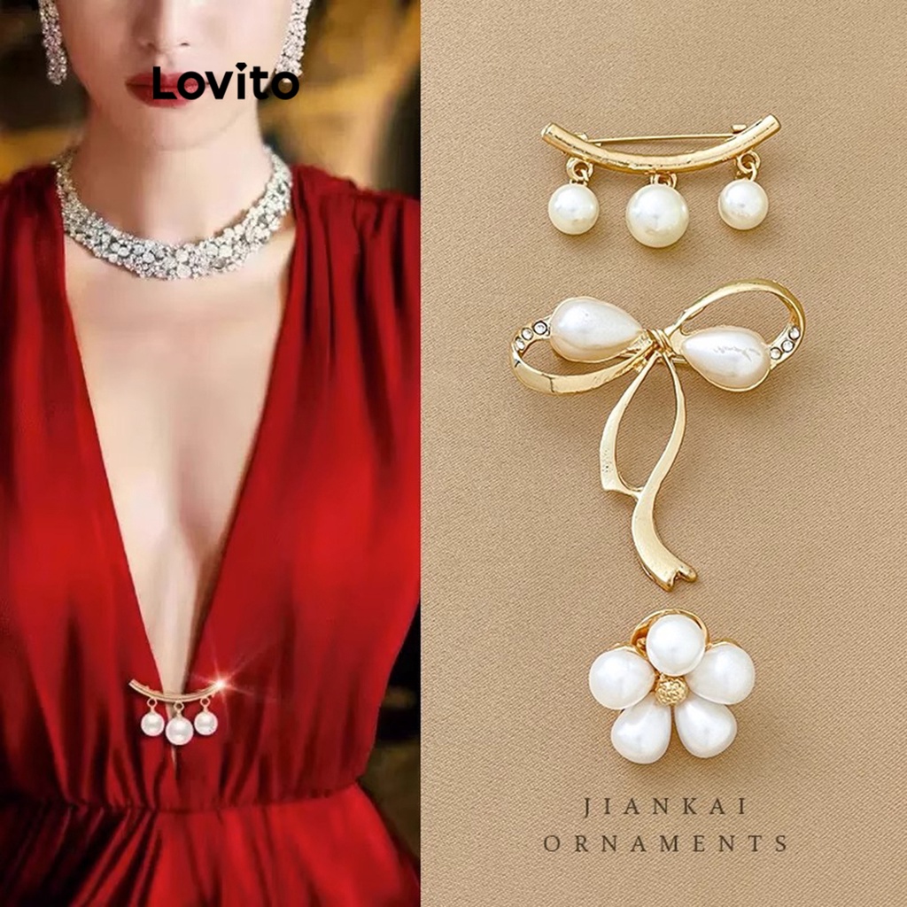 Lovito 女士優雅素色珍珠胸針 L63AD347 ( 金色 )