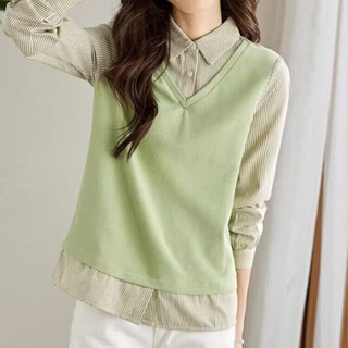 女裝條紋襯衫寬鬆上衣假兩件套上衣女上衣baju ootd style perempuan 2023秋季韓版女內搭長袖襯衫