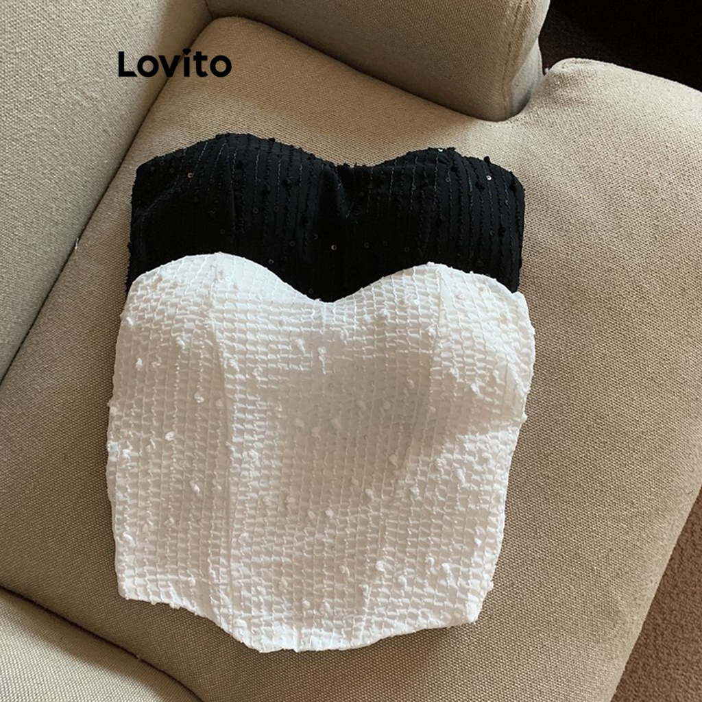 Lovito 女士休閒純色亮片基本款背心 LNE34077 (白色/黑色)