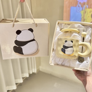 熊貓馬克杯 陶瓷杯 450ML 牛奶杯 咖啡杯 卡通 水杯 韓版 帶蓋帶勺 生日禮物 陶瓷伴手禮 可愛熊貓杯子禮盒茶具