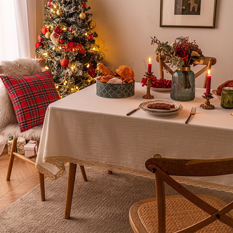 現貨 ins風 耶誕節素色桌巾 桌布 花邊餐桌布 亞麻長方形餐廳布藝 梳妝檯裝飾布藝 茶几檯布