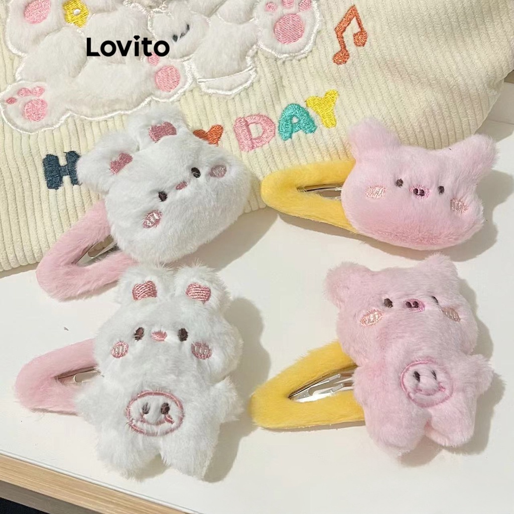 Lovito 可愛卡通人造毛皮圖案拼色毛茸茸大號小豬和兔子三維髮夾女式LFA10103