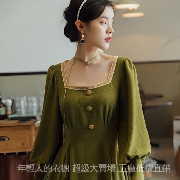 【48小時發貨】酪梨氛圍法式綠柔風裙子洋裝穿搭感溫少女氣質高級感復古顯瘦 YGEF