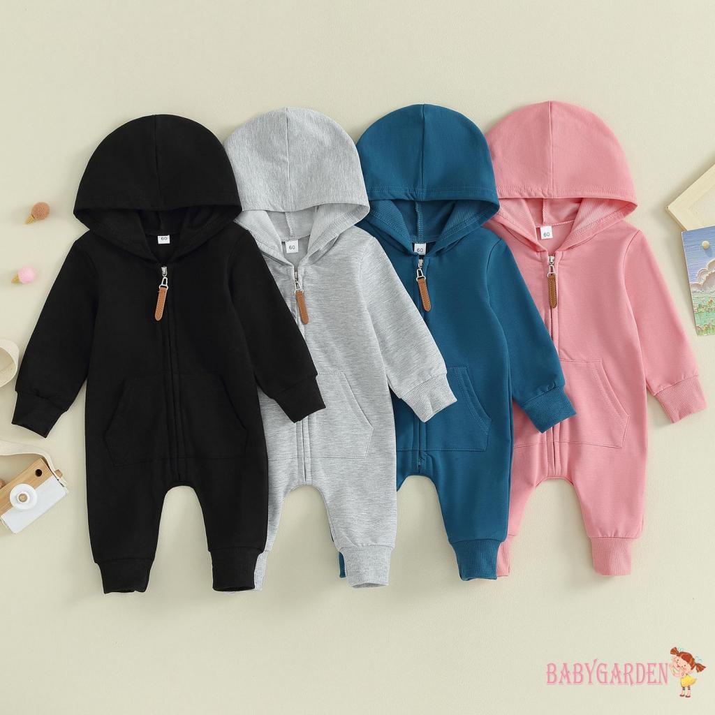 Baga-0-12個月嬰兒連身衣長袖連帽拉鍊純色秋季衣服