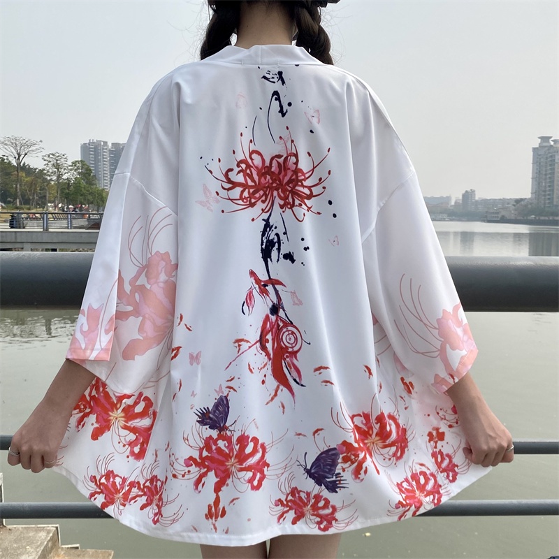 日本花卉印花外罩腰帶沙灘白色和服女式浴衣外套傳統服裝外套