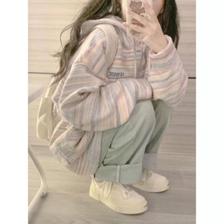 🌟Lovely愛出貨🌟 韓版溫柔風甜美粉色條紋連帽毛衣外套上衣女春秋款寬鬆顯瘦針織衫東大門款韓款韓版