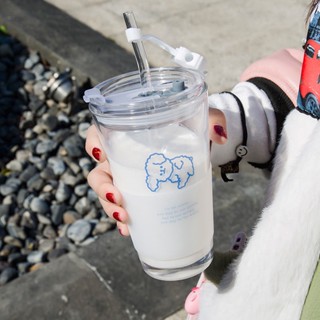 水杯杯子隨行吸管杯ins可愛卡通飲料玻璃杯牛奶早餐杯果汁杯咖啡杯吸管杯耐熱耐高溫刻度水杯 杯子 玻璃水壺 環保杯玻璃吸管