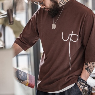 馬登工裝 美式休閒字母刺繡短袖T恤寬鬆咖啡色五分袖體恤男