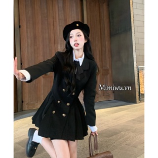 韓版時尚西裝連衣裙女收腰長袖小黑裙